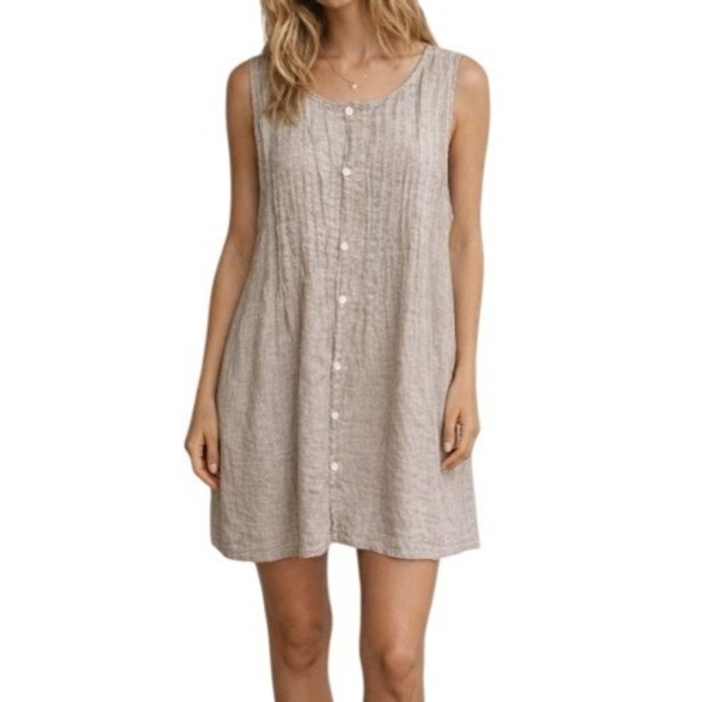 CP Shades Lindsey Mini Dress‎ Womens L Brown Linen Pintucks Button Front Breezy